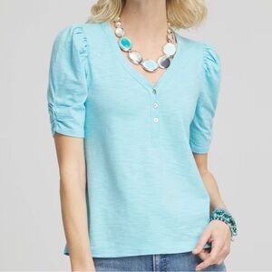 Chico's Womens Paradiso Blue Henley Shirred Sleeve Top NWT XL / sz 3